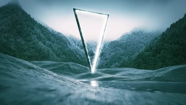 A mysterious glowing triangular monolith stands in a surreal, foggy mountain landscape.