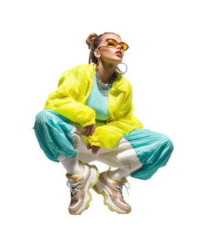 Stylish young woman squatting in bold neon street fashion isolated on transparent background, png