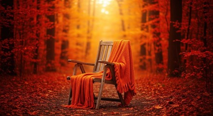 A wooden chair with an orange blanket in a forest with autumn leaves.