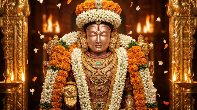 Magnificent golden statue of a hindu deity adorned with vibrant flower garlands in a sacred temple setting