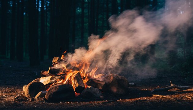 Campfire burning in a dark forest with smoke rising.
