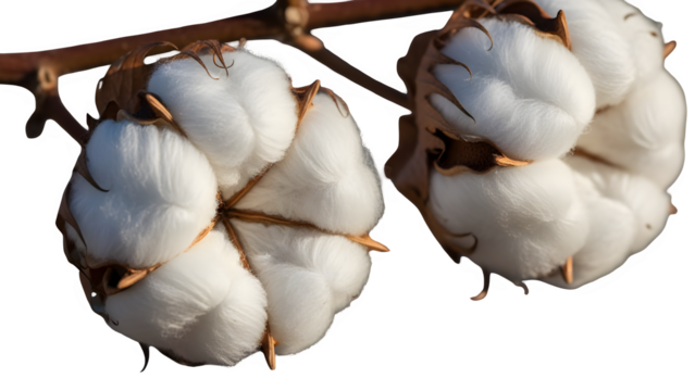Close up of fluffy white cotton bolls on a branch isolated on transparent background