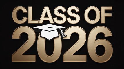 Three dimensional golden lettering announces the graduating class of twenty twenty six centered above a mortarboard
