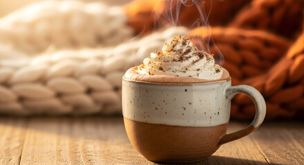 Warm Hot Chocolate with Whipped Cream in Cozy Autumn Setting