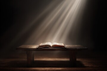 Open Book Illuminated by a God Ray on a Wooden Table Against a Dark Background