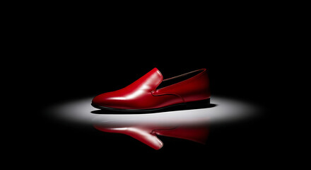 Single red leather shoe on dark background