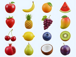 Fruits 3d icon set. featuring apple, banana, orange, watermelon, strawberry, pineapple, grape, mango, and more.
