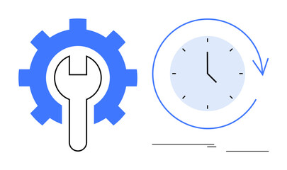 Blue gear with wrench paired with a clock encircled by an arrow, conceptually highlighting repair, maintenance, efficiency, and time optimization. Ideal for mechanics, workflows, planning