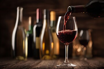 Pouring Red Wine into Glass on Wooden Table with Blurred Bottles in Soft Light