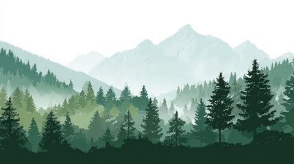 Serene Mountain Vista Depicting Forested Slopes And Misty Peaks in Gradient Green and White