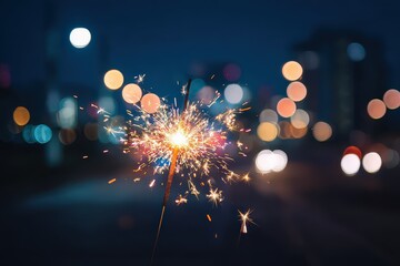 Sparkler with Golden Glowing Embers at Night with Bokeh Lights in Urban Cityscape
