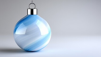 A single, reflective Christmas ornament with a blue and white marbled pattern hangs from a silver hook against a plain, softly lit grey background. The ornament