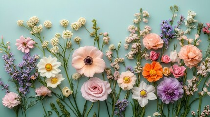row of assorted pastel garden flowers and green stems arranged on a mint background, delicate blooms evoking a calm joyful springtime mood