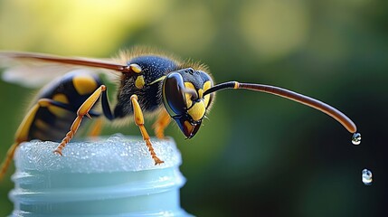 close-up of a yellow and black wasp perched on a plastic bottle rim, antenna extended with water droplets, intense alert focused posture