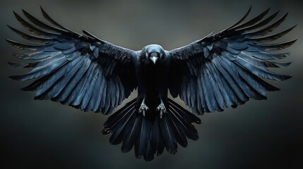 Naklejka premium black crow in mid-flight with wings fully spread, talons extended and intense gaze against a dark moody background, dramatic and majestic