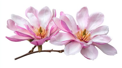Two Delicate Pink Magnolia Flowers On Branch