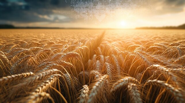 golden wheat field at sunset with a narrow path through tall ripening stalks, warm glowing light and a peaceful tranquil mood