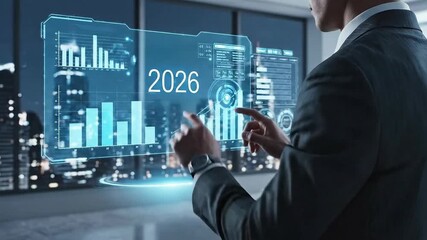 Businessman interacting with futuristic digital interface showing financial data and projections. - Powered by Adobe