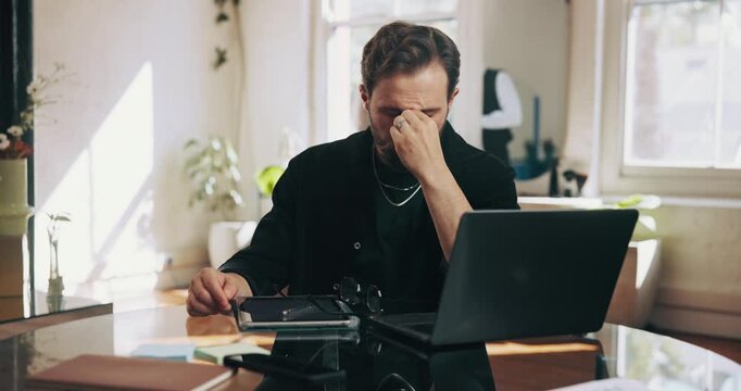 Stress, barbershop and man in small business with headache for financial crisis, tired or pressure. Owner, migraine and person with burnout in startup salon, tax debt and eye strain with glasses