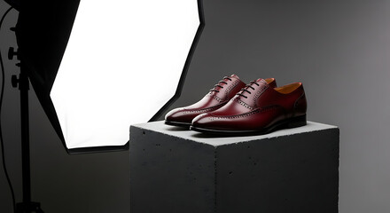 Leather dress shoes on pedestal with studio lighting