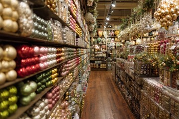 Fototapeta premium Store shelves displaying golden christmas decorations and warm lights