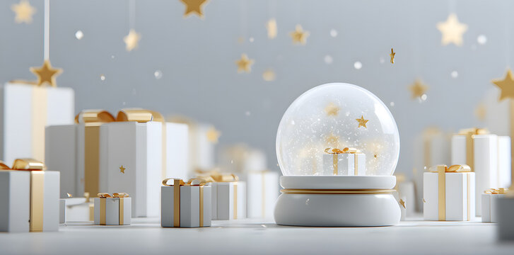 Elegant gifts with golden ribbon and snow globe create a magical festive atmosphere, perfect for holiday greetings and seasonal promotions with a touch of luxe - Powered by Adobe