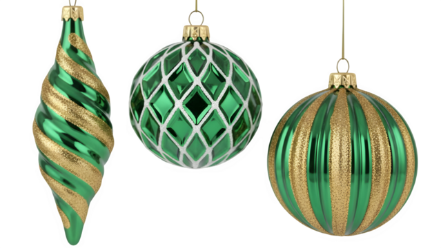 Three green and gold christmas ornaments isolated on transparent background