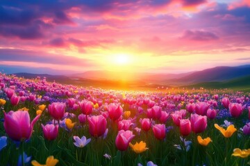 Field of pink and yellow tulips and wildflowers under a glowing sunrise over rolling hills, dreamy serene and joyful spring landscape
