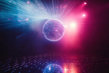 Hanging mirrored disco ball casting blue and pink light beams across an empty reflective dance floor, vibrant dreamy and festive nightclub atmosphere