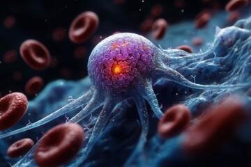 microscopic tumor-like cell with glowing orange core and tentacle-like extensions among floating red blood cells, eerie and ominous