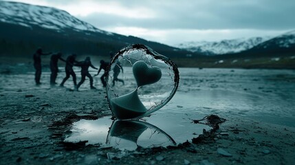 A broken heart-shaped hourglass lies on its side in a puddle, with sand spilling out. In the background, a group of silhouetted figures walk away from the viewe