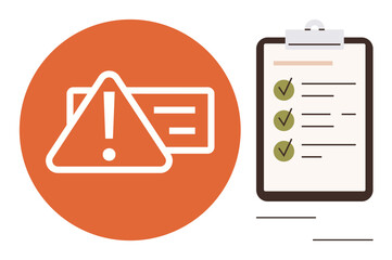 Alert triangle with exclamation mark and clipboard checklist with bullet points and checkmarks. Ideal for project management, safety reminders, risk assessment, alerts, organization, task