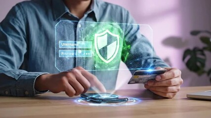 Secure Online Payment - Person Using Credit Card with Digital Security Overlay. - Powered by Adobe
