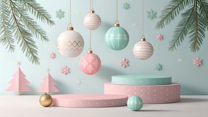 Pastel Christmas scene with hanging ornaments, pine branches, pink trees, and decorative display podiums. Soft festive background perfect for holiday advertising, product display, and seasonal designs