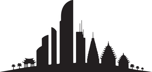 Black Silhouette Skyline of Modern City with Traditional Asian Architecture