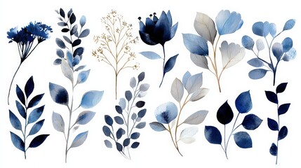 Watercolor Floral Elements in Shades of Blue and Gold Isolated on White
