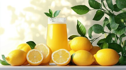 glass of fresh lemon juice surrounded by whole and halved ripe lemons and green leaves on a sunlit table, bright uplifting and refreshing scene