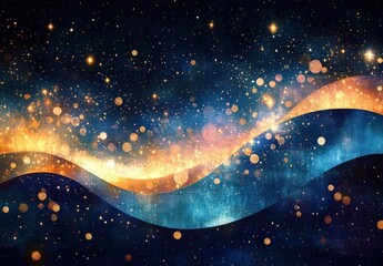 glowing golden and blue ribbon waves flowing through a starry cosmic sky with sparkling bokeh, evoking dreamy serene wonder