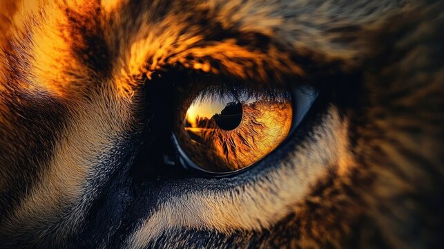 Close-up of a tiger's amber eye reflecting a sunset landscape and tree silhouette, intense fierce gaze, textured fur and black stripes, majestic and mesmerizing - Powered by Adobe