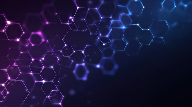 Abstract Hexagonal Structure Glowing With Purple And Blue Light on Black Background