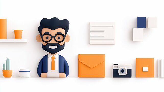 A stylized 3D cartoon illustration of a man with dark hair, glasses, and a beard, wearing a blue suit and orange tie. He is holding a white tablet. Around him a