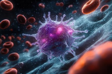 Menacing purple spiky viral particle floating among red blood cells in dark bloodstream with glowing highlights and an ominous tense atmosphere