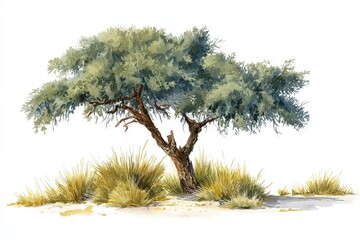 Watercolor Painting of a Mature Tree with Green Foliage and Brown Trunk and Sparse Grasses Against a White Background