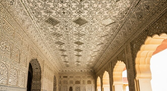 Intricate carved white marble ceiling and arches inside the sheesh mahal or mirror palace at amer fort in jaipur, rajasthan, india, showcasing detailed mughal architecture and design