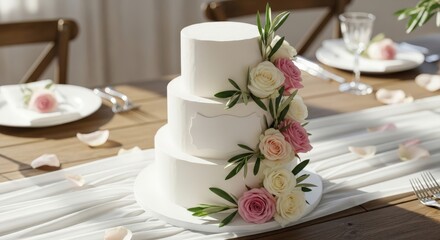 A three-tiered wedding cake decorated with white icing and pink and white roses. The cake is placed on a wooden table with elegant tableware and rose petals scattered around.