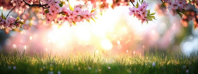 pink cherry blossom branches arching over dewy green grass with warm glowing sunlight and soft bokeh, serene spring morning