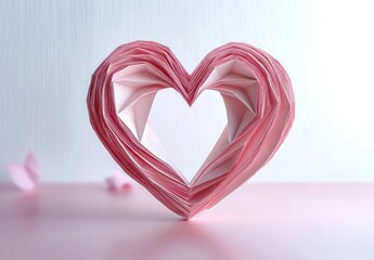 Delicate layered pink origami heart made from folded paper on a soft pastel surface conveying a gentle romantic and serene mood