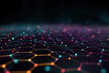 Abstract Network with Glowing Particles and Hexagonal Grid Pattern in Dark Background with Orange Teal and Purple Light