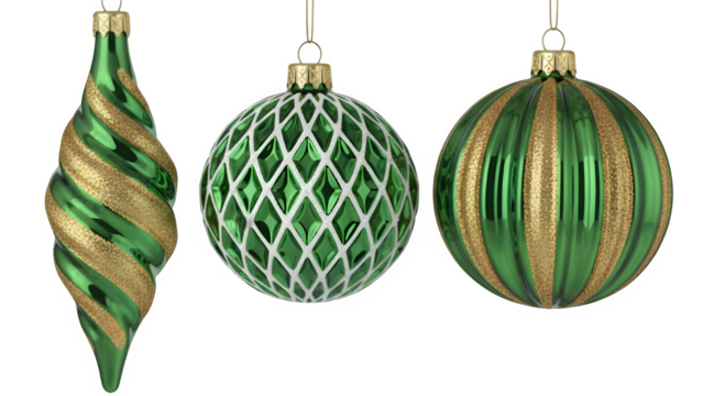 Three green and gold christmas ornaments isolated on transparent background