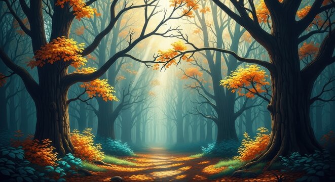 Enchanting pixel art forest scene during autumn with vibrant orange foliage framing a sunlit path leading into a misty, mysterious woodland - Powered by Adobe